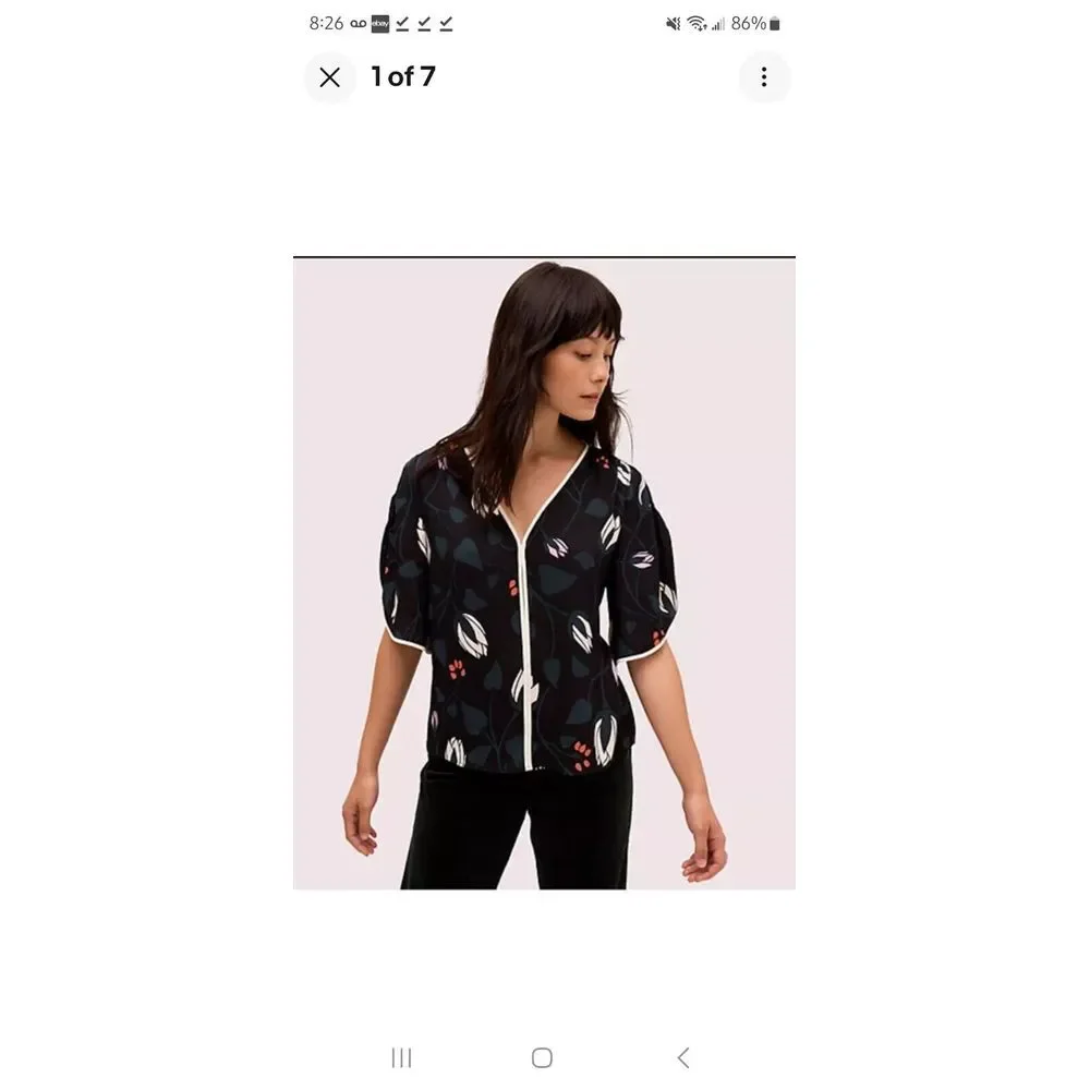 Kate Spade Deco Bloom Crepe Blouse Black Floral Lotus‎ Size M